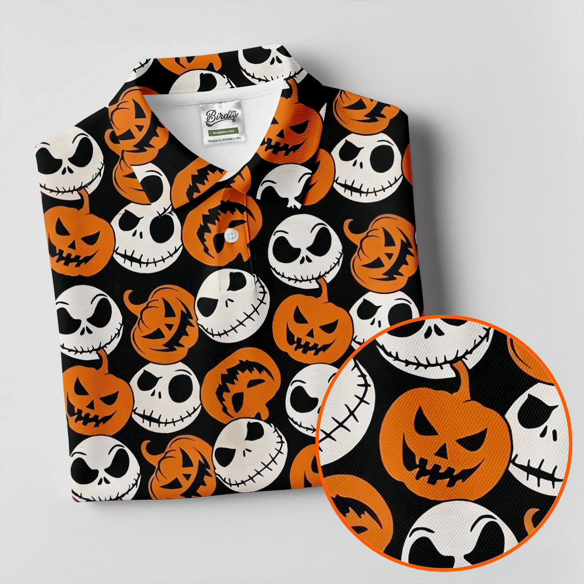 Halloween Skull Pumpkin Pattern Golf Polo Shirt, Men's Golf Shirt, Hawaiian Golf Shirt
