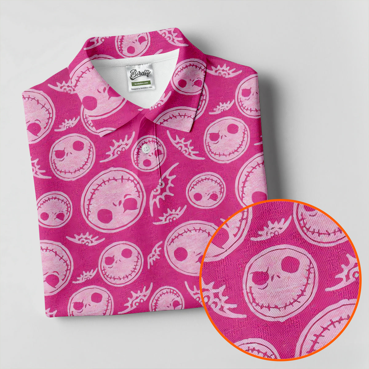 Pink Stitched Skull Halloween Golf Polo Shirt, Golf Shirts For Men, Mens Golf Apparel