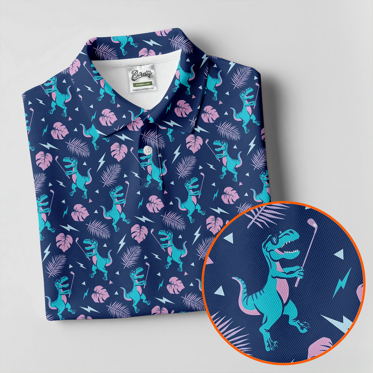 Funny Dinosaur Golfer Tropical Pattern Polo Shirt, Mens Golf Polo, Printed Golf Shirts