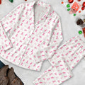 Breast Cancer Pink Ribbon With Golf Pattern Long Pajama Set, White Satin Pajama Set