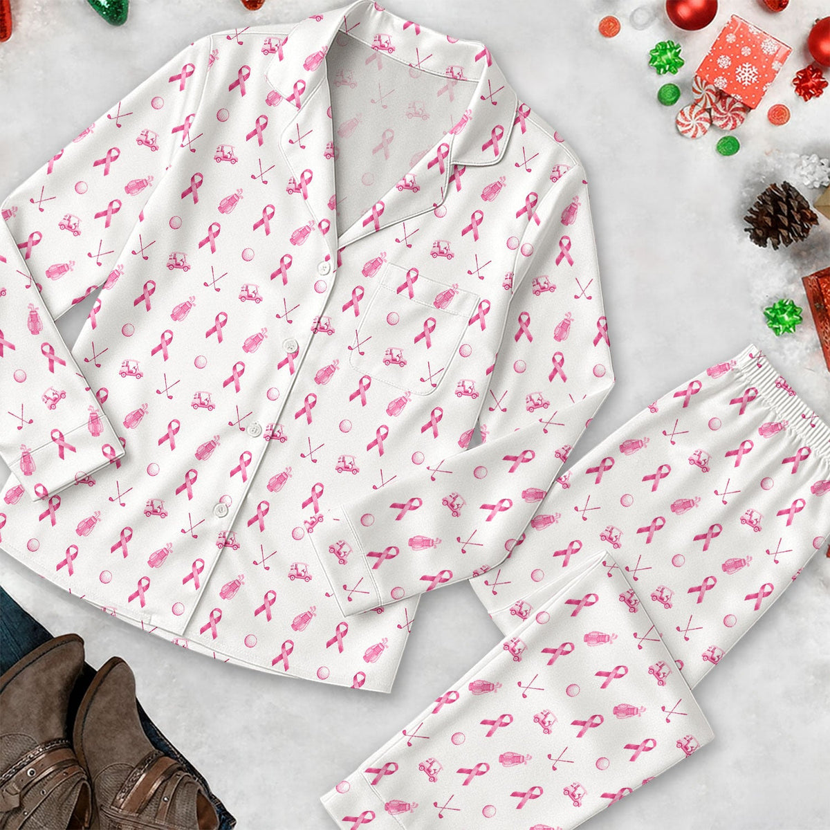 Breast Cancer Pink Ribbon With Golf Pattern Long Pajama Set, White Satin Pajama Set