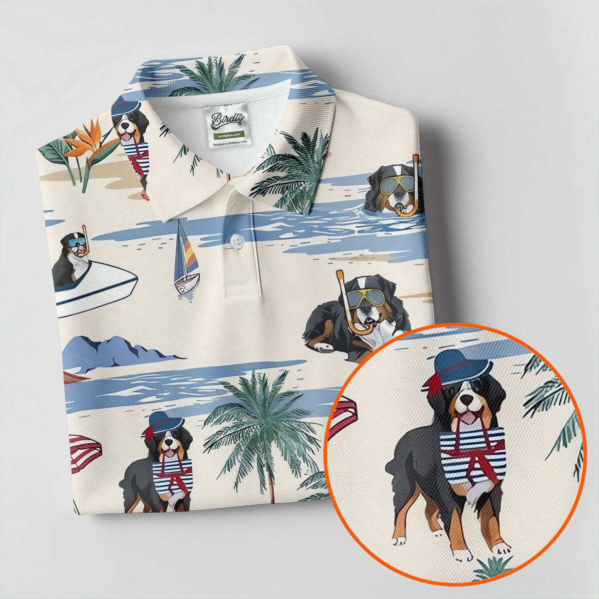 Tropical Bernese Mountain Dog Beach Hawaiian Golf Polo Shirt, Printed Golf Shirts, Golf Apparel For Men