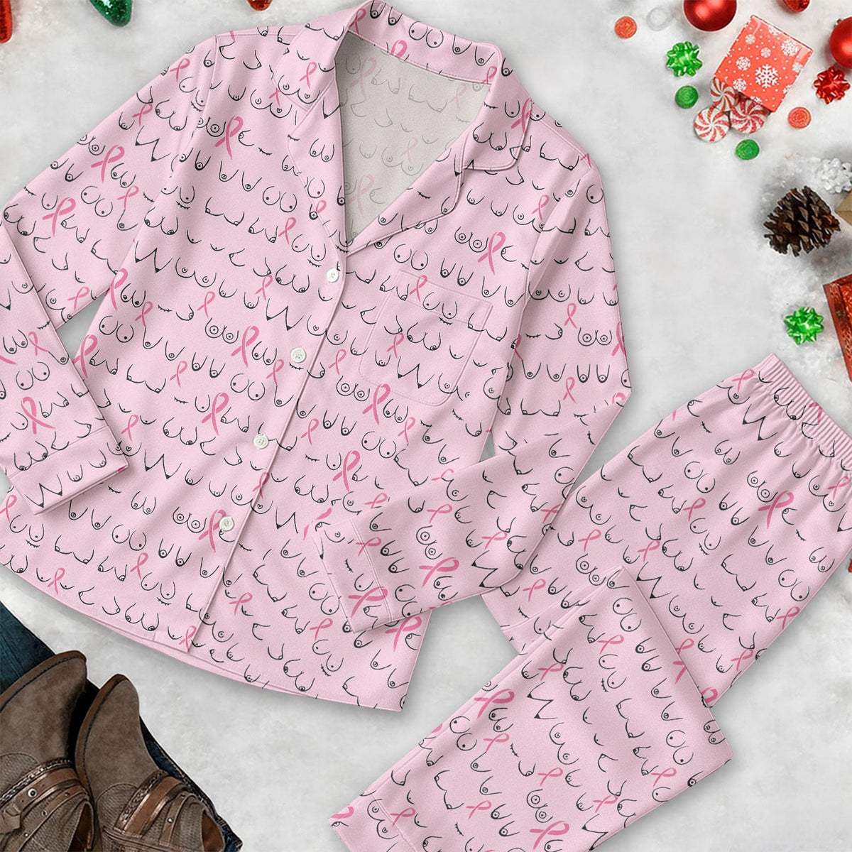 Funny Breast Cancer Pajama Set Long Sleeve, Pink Pajama Set, Breast Cancer Awareness Pajama