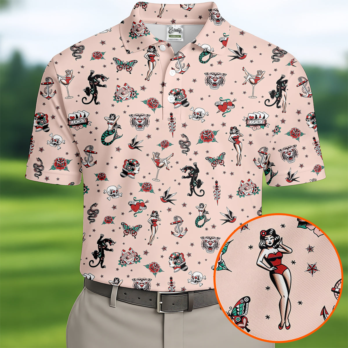 Vintage Tattoo Flash Icon Golf Polo Shirt, Golf Polo Shirts For Men, Mens Golf Apparel