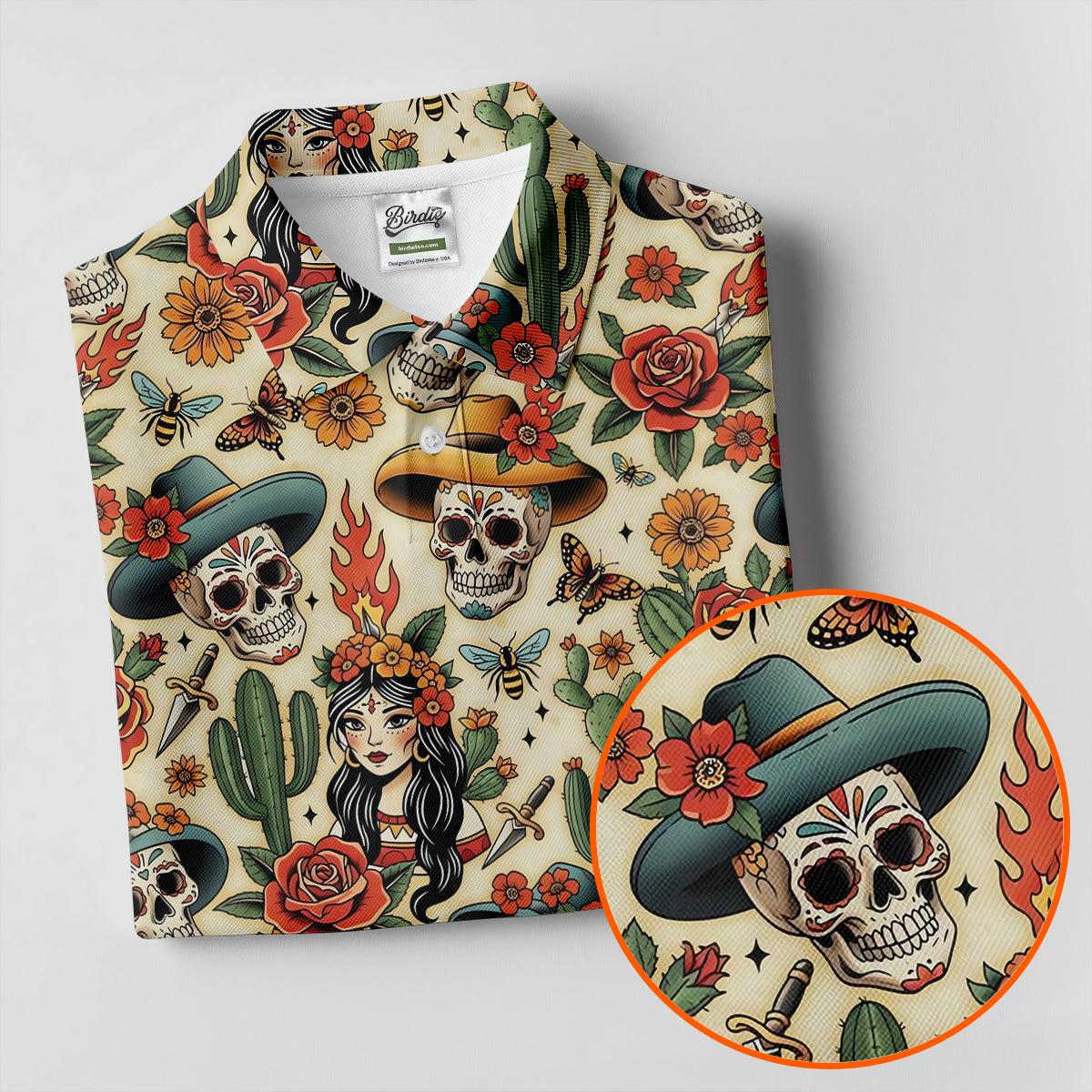 Day Of The Dead Sugar Skull Floral Polo Shirt, Mens Golf Polo, Hawaiian Golf Shirt