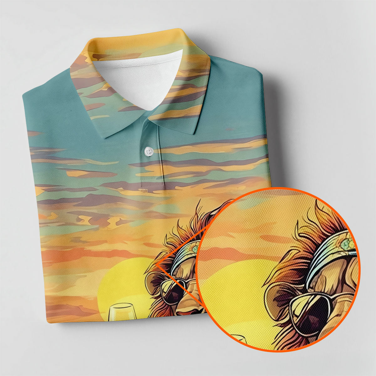 Tropical Lion Sunset Teal Hawaiian Golf Polo, Golf Tops For Men, Golfing Apparel
