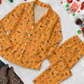 Skeleton Pumpkin Funny Orange Long Sleeve Pajama Set, Fun Pajama Sets, Halloween Gift