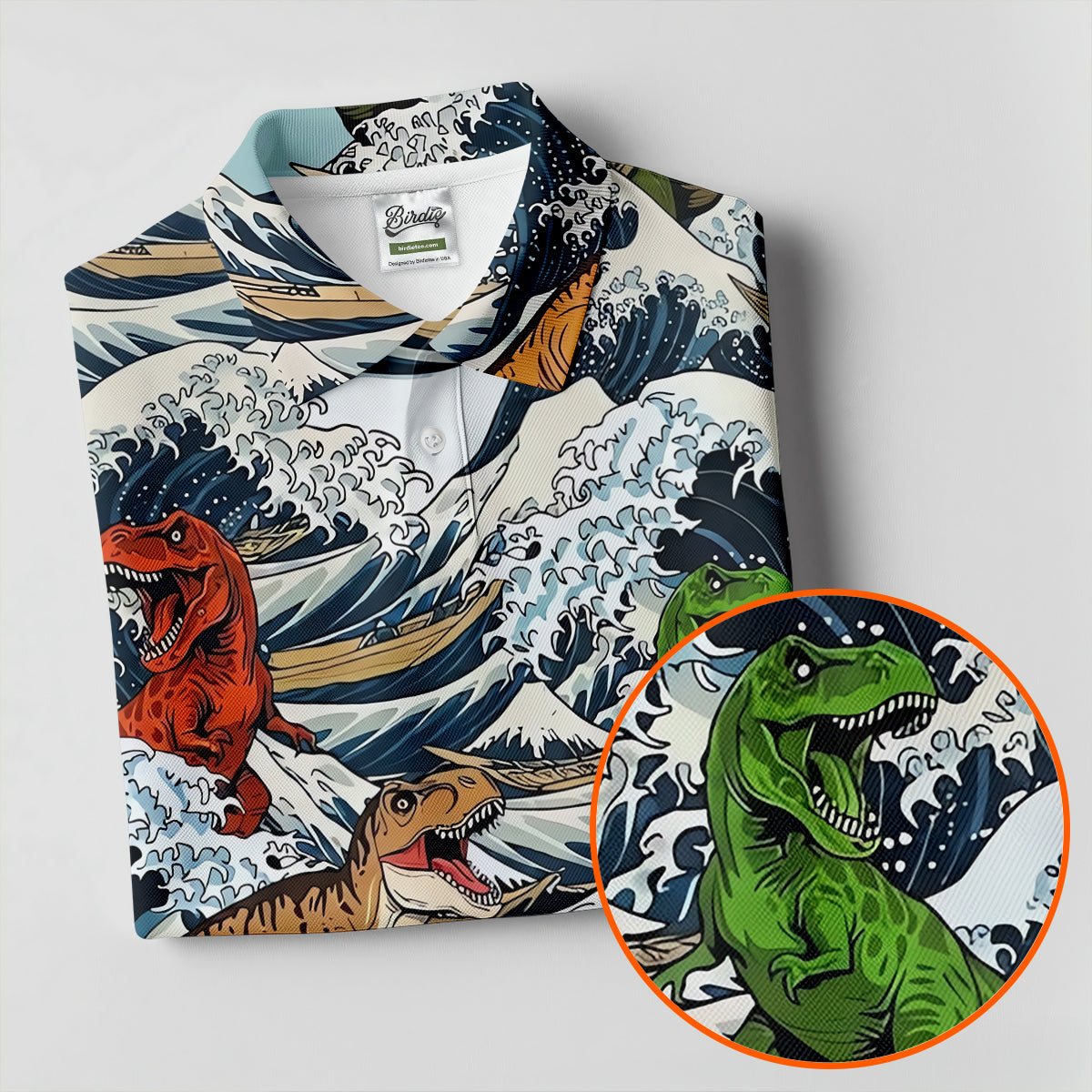 T Rex Surfing Great Wave Golf Polo Shirt, Men's Golf Shirt, Printed Golf Shirts