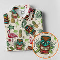 Tiki Masks, Flamingo and Island Paradise Pattern Design Hawaiian Golf Polo, Golf Tops For Men, Golfing Apparel