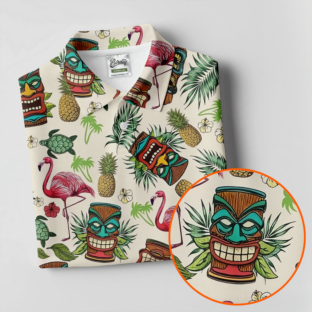Tiki Masks, Flamingo and Island Paradise Pattern Design Hawaiian Golf Polo, Golf Tops For Men, Golfing Apparel