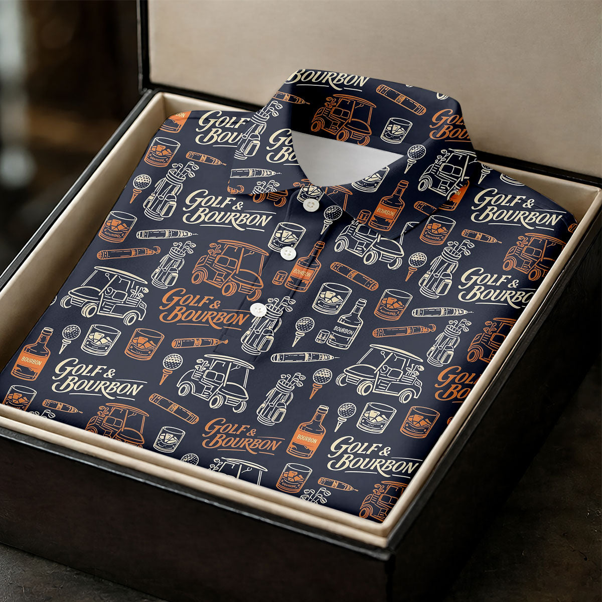 Funny Golf Bourbon Cigar Pattern Polo Shirt, Golf Polo Shirts For Men, Mens Golf Apparel