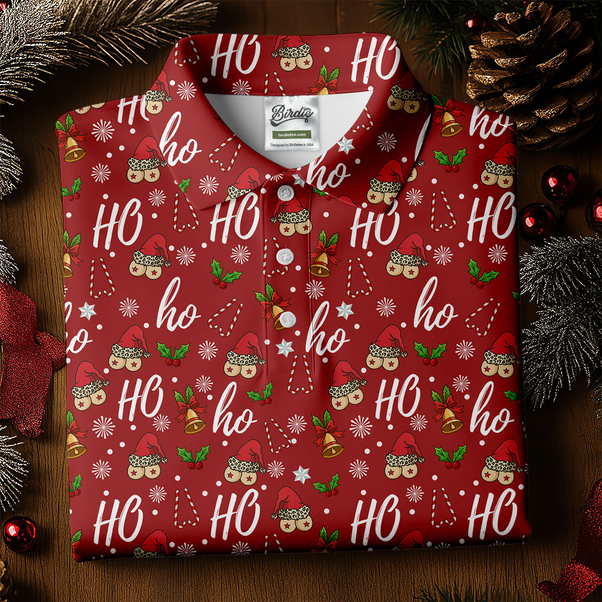 Funny Ho Ho Ho Naughty Tits Christmas Golf Shirt, Men's Funny Golf Shirts, Christmas Golf Gift