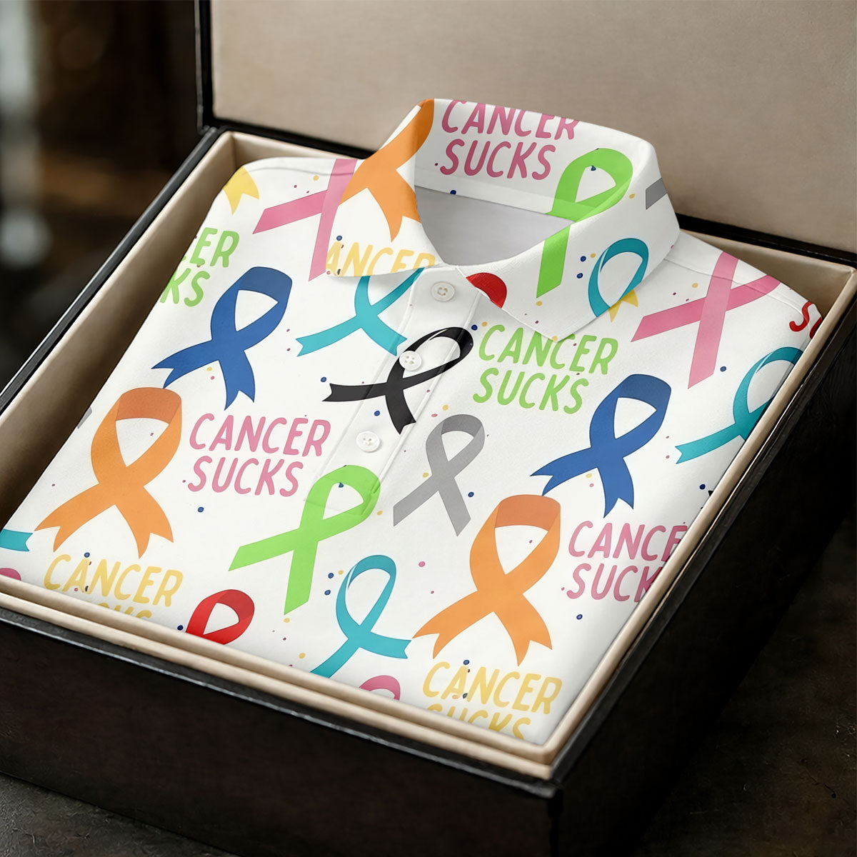 Cancer Sucks Multicolor Awareness Ribbon Polo Shirt, Mens Golf Polo, Printed Golf Shirts