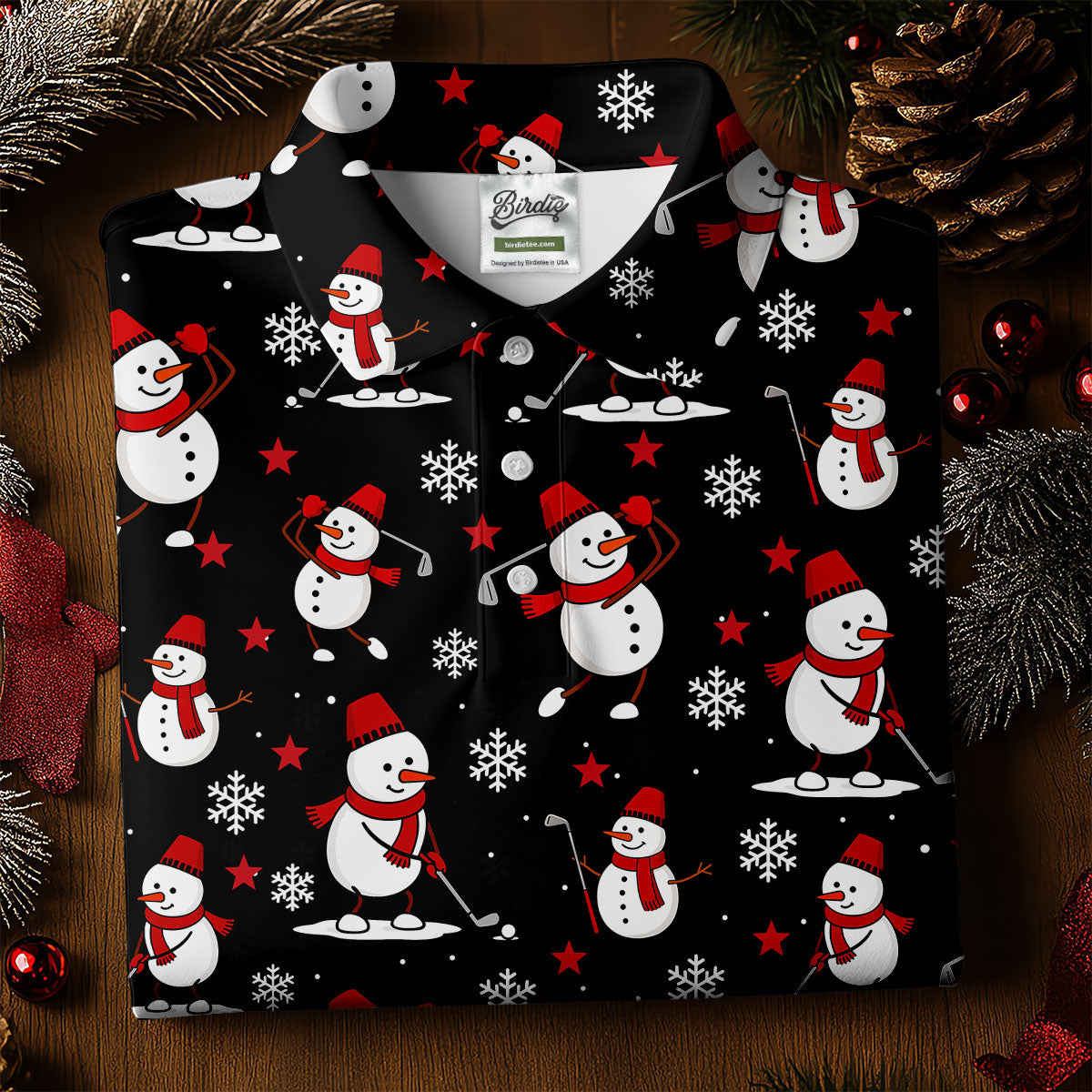 Cute Snowman Golf Pose Black Golf Shirt, Christmas Golf Shirt, Golf Shirts For Men, Golf Gift For Men