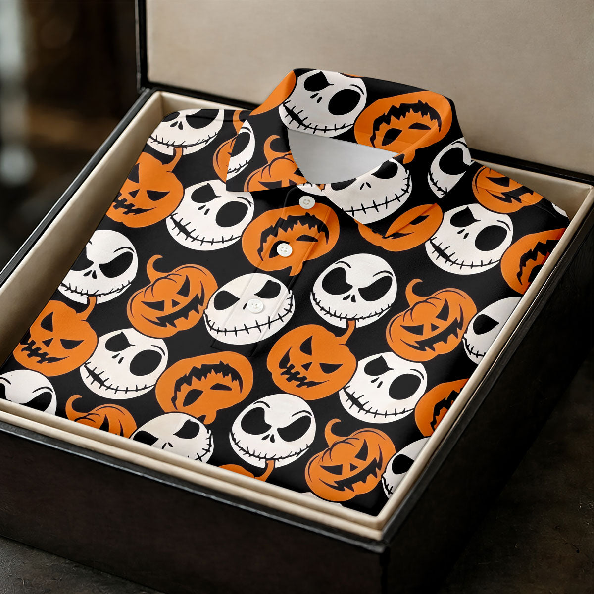 Halloween Skull Pumpkin Pattern Golf Polo Shirt, Men's Golf Shirt, Hawaiian Golf Shirt
