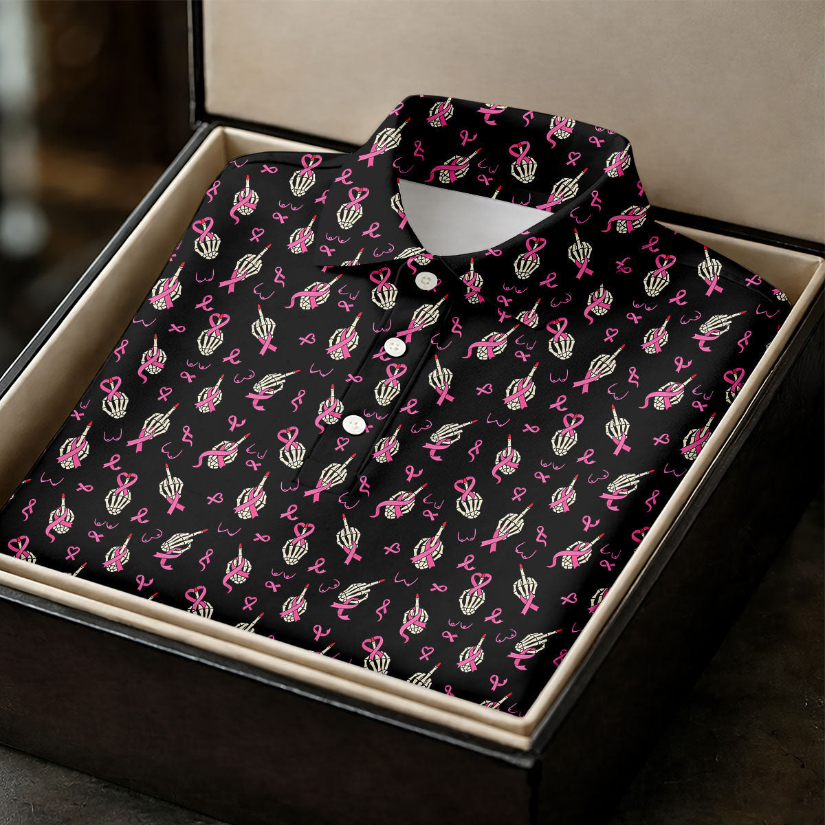 Skeleton Middle Finger Breast Cancer Polo Shirt, Polo Shirts For Men, Mens Golf Apparel