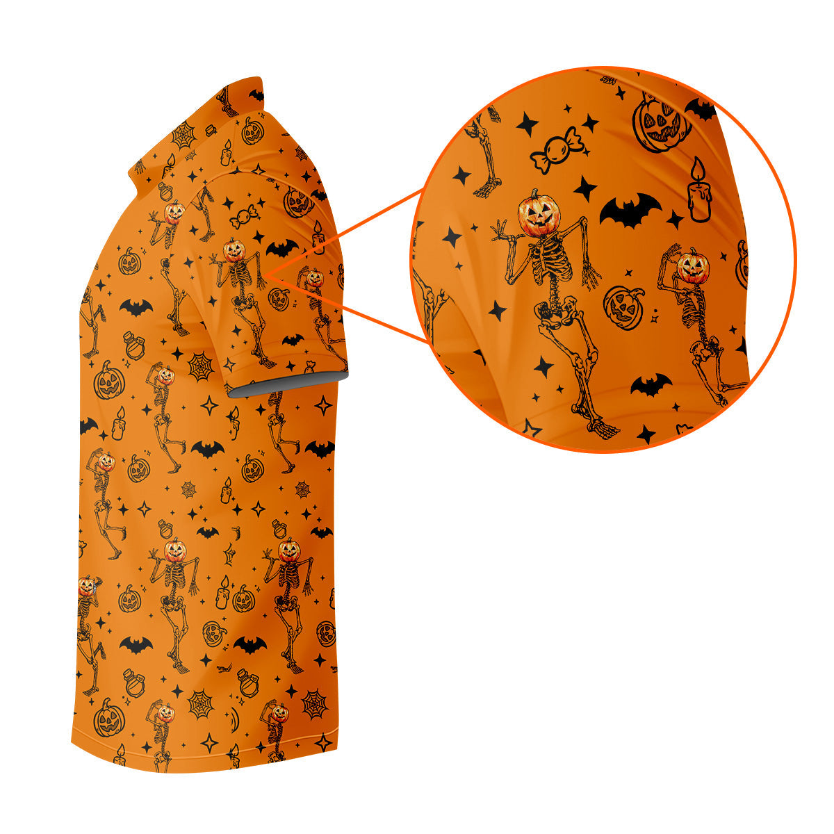 Skeleton Orange Golf Shirt, Halloween Golf Shirt, Fun Golf Polos, Men's Long Seeve Golf Shirts, Golf Gifts For Men