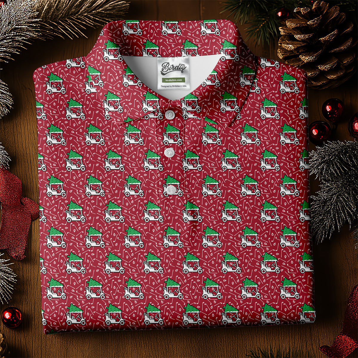 Christmas Golf Cart Pattern Red Women's Golf Tops, Christmas Golf Shirt, Polo Shirts For Women
