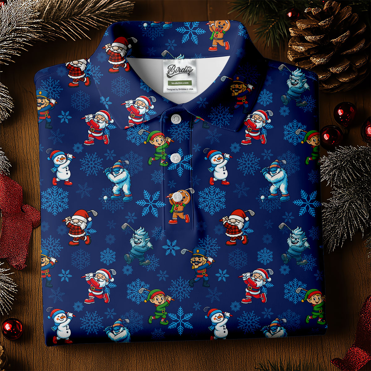 Funny Christmas Characters Golf Pose Navy Golf Shirt, Christmas Golf Shirt, Polo Shirts For Men