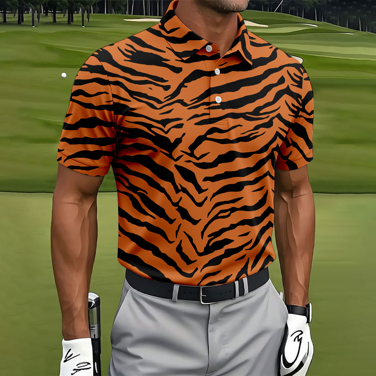 Bold Orange Black Tiger Stripe Animal Print Golf Shirt, Mens Golf Shirts, Golf Apparel For Men