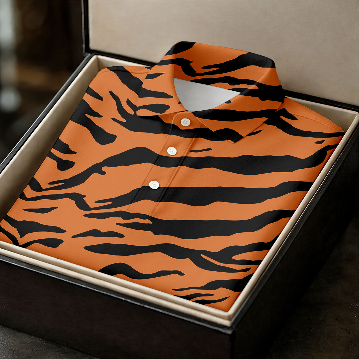Bold Orange Black Tiger Stripe Animal Print Golf Shirt, Women Golf Shirts, Golf Apparel For Ladies