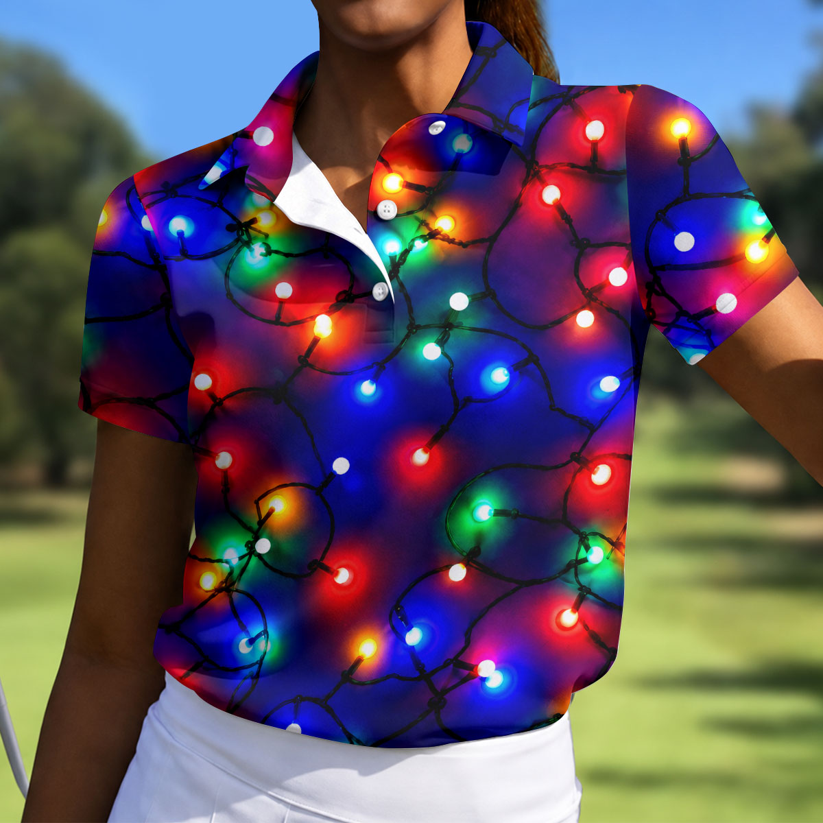 Colorful Christmas Lights Golf Polo Shirt, Christmas Golf Shirt, Golf Tops For Women