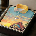 Tropical Lion Sunset Teal Hawaiian Golf Polo, Golf Tops For Men, Golfing Apparel