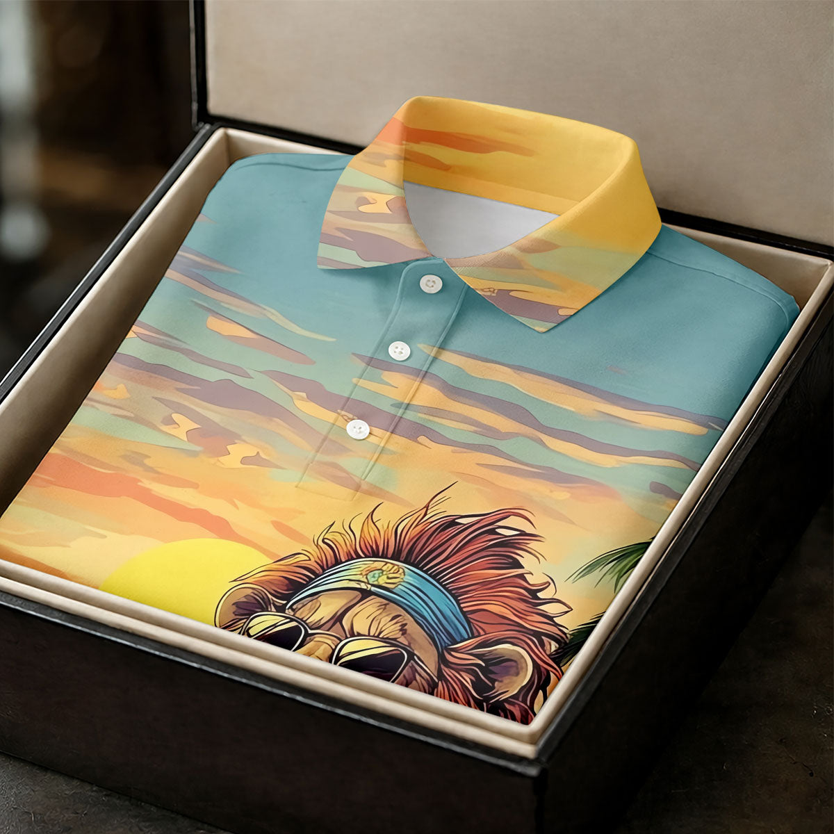 Tropical Lion Sunset Teal Hawaiian Golf Polo, Golf Tops For Men, Golfing Apparel