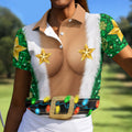 Green Santa Gold Stars Christmas Golf Shirt, Ladies Golf Shirt, Women’s Golf Apparel