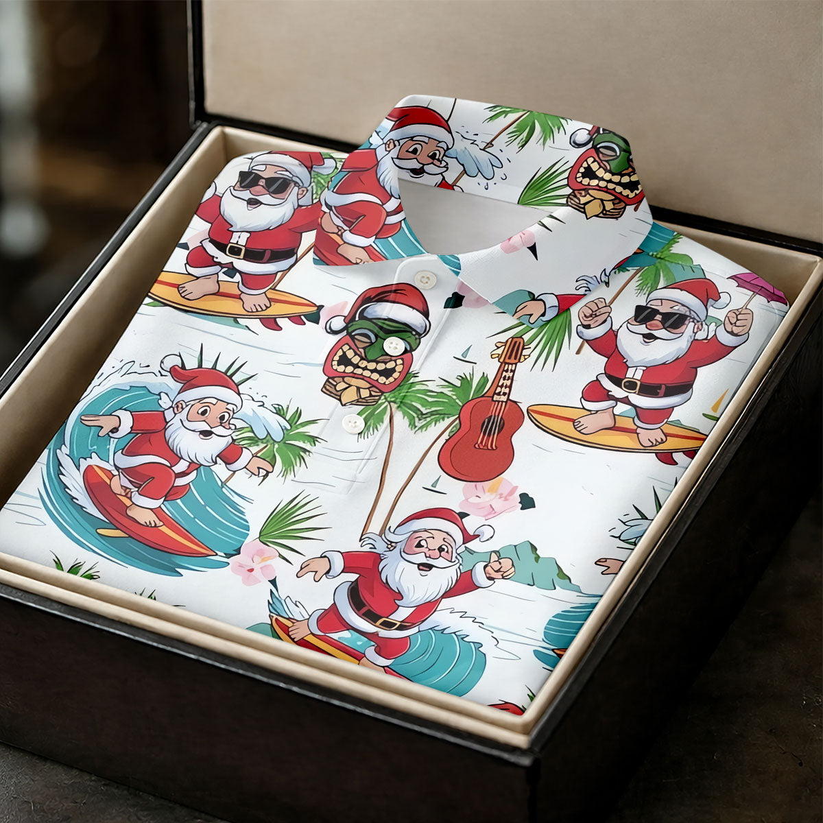 Surfing Santa Tropical Christmas Golf Shirt, Christmas Golf Shirt, Golf Apparel For Men