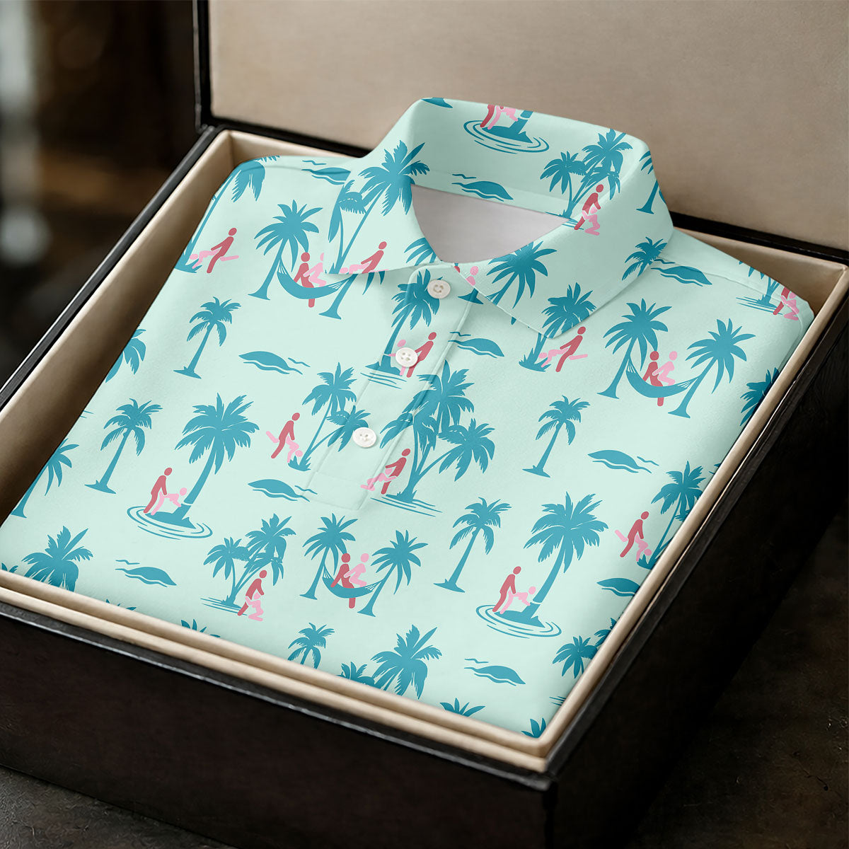 Funny Tropical Couple Beach Pattern Men's Golf Shirt, Hawaiian Golf Shirt, Golf Apparel For Men