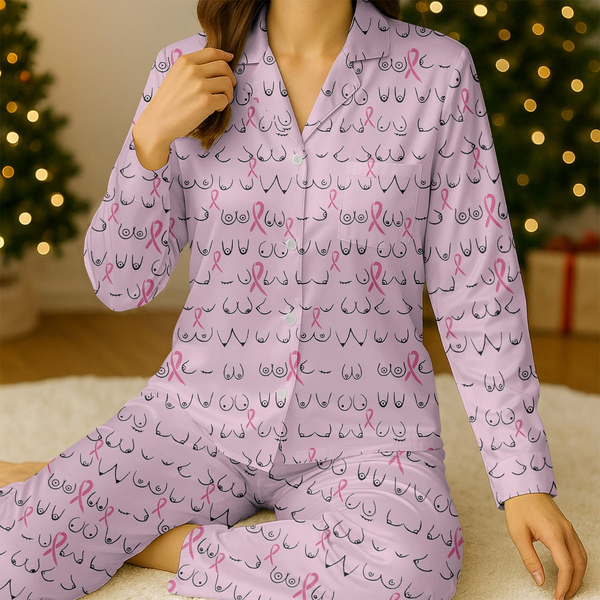 Funny Breast Cancer Pajama Set Long Sleeve, Pink Pajama Set, Breast Cancer Awareness Pajama