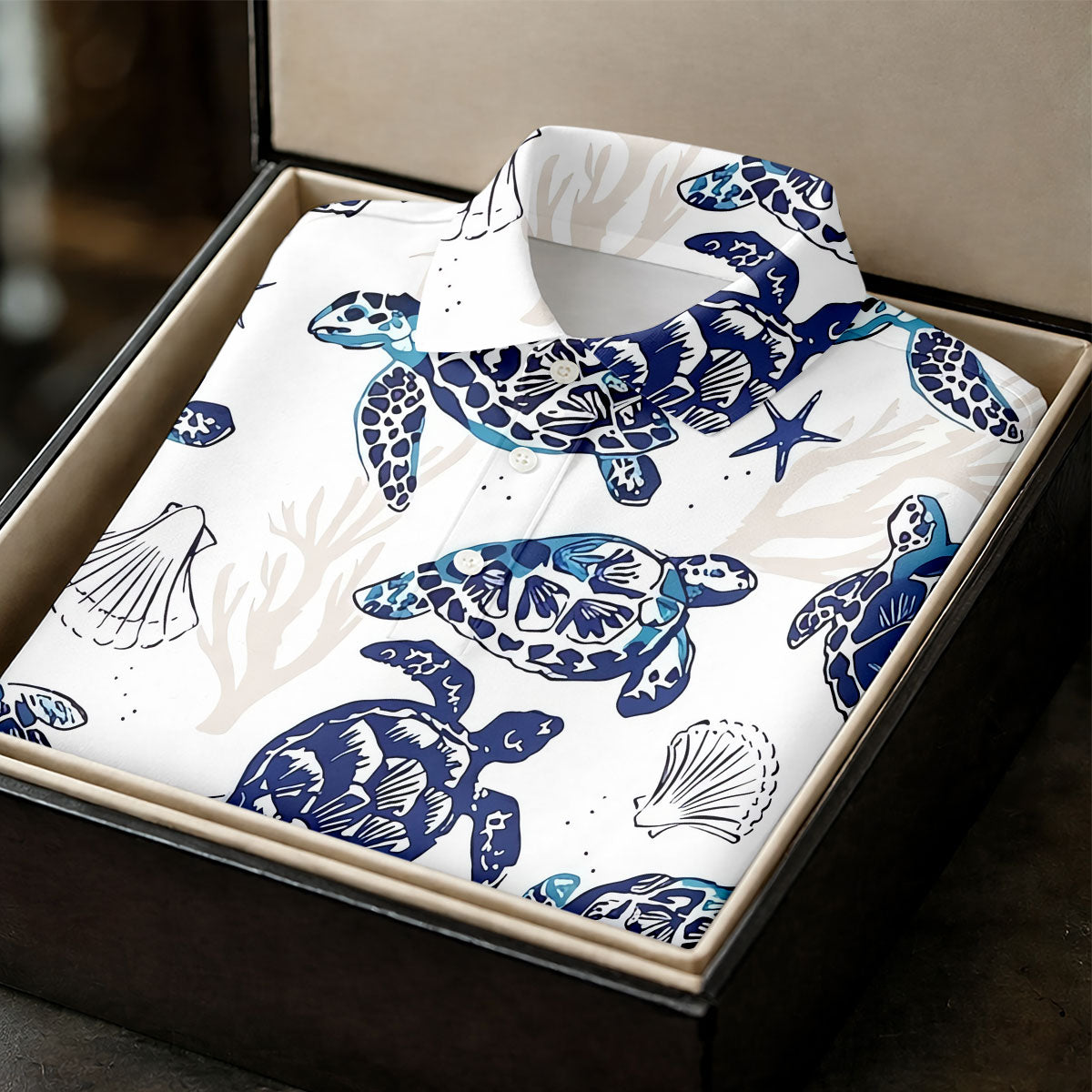 Sea Turtle, Starfish, Seashells and Coral Reef Art Hawaiian Golf Polo, Golf Tops For Men, Golfing Apparel