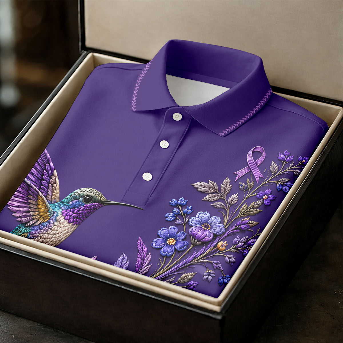 Purple Hummingbird Cancer Awareness Polo Shirt, Golf Shirts For Men, Mens Golf Apparel