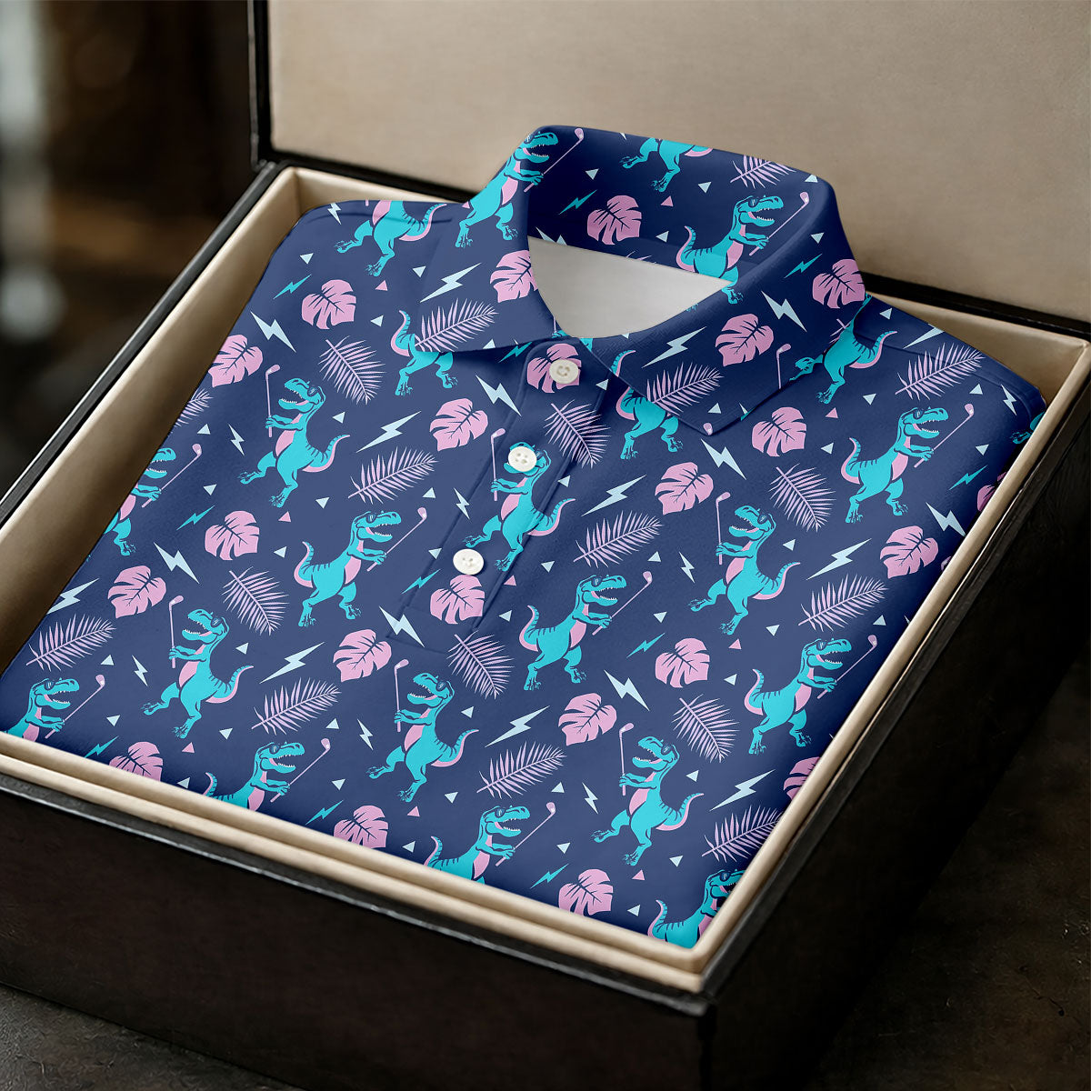 Funny Dinosaur Golfer Tropical Pattern Polo Shirt, Mens Golf Polo, Printed Golf Shirts