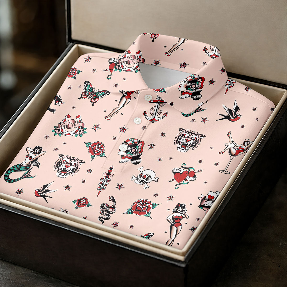 Vintage Tattoo Flash Icon Golf Polo Shirt, Golf Polo Shirts For Men, Mens Golf Apparel