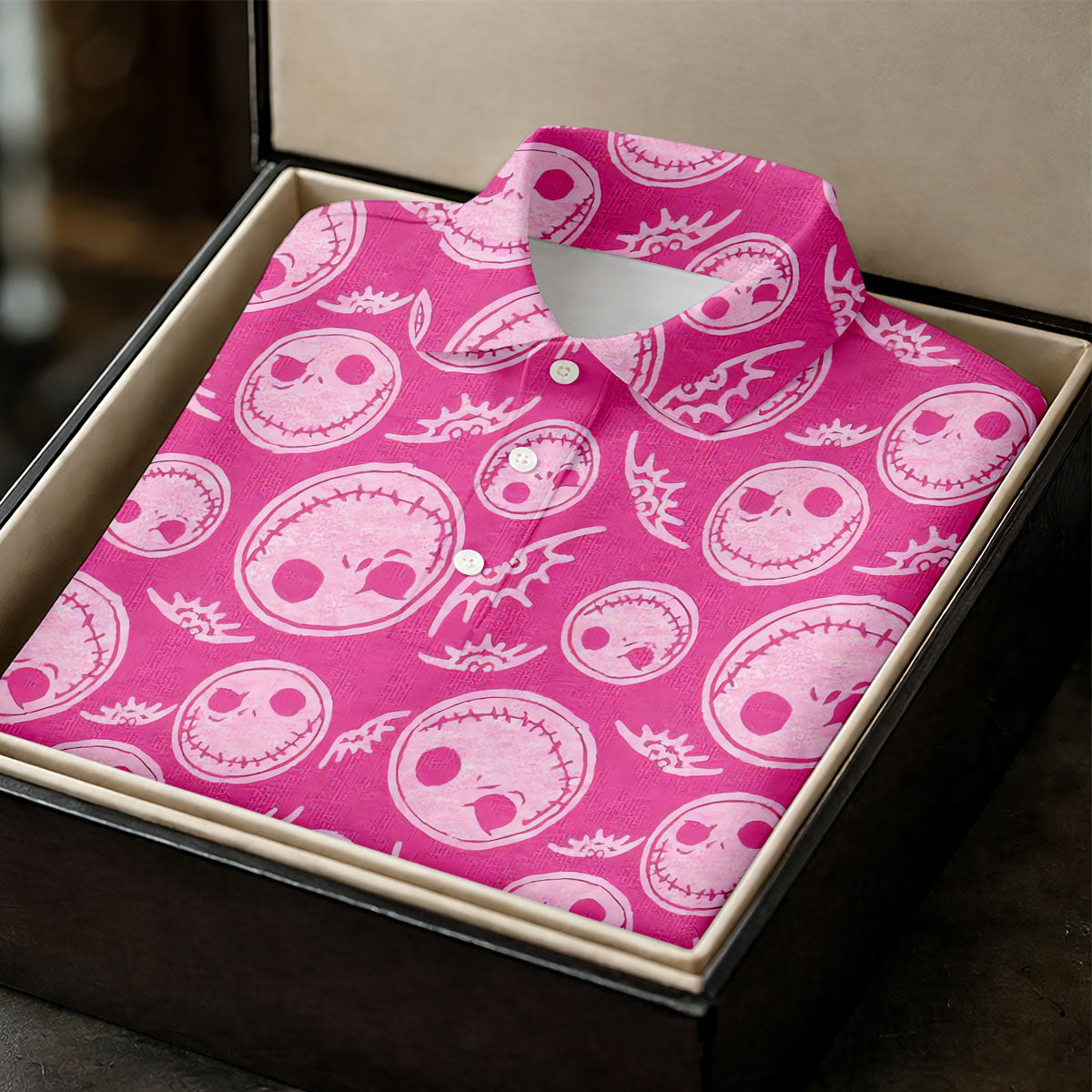 Pink Stitched Skull Halloween Golf Polo Shirt, Golf Shirts For Men, Mens Golf Apparel