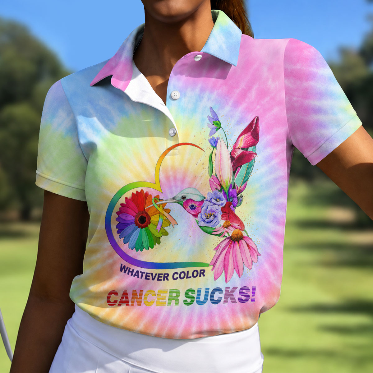 Whatever Color Cancer Sucks Hummingbird Polo Shirt, Golf Shirts For Women, Ladies Golf Top