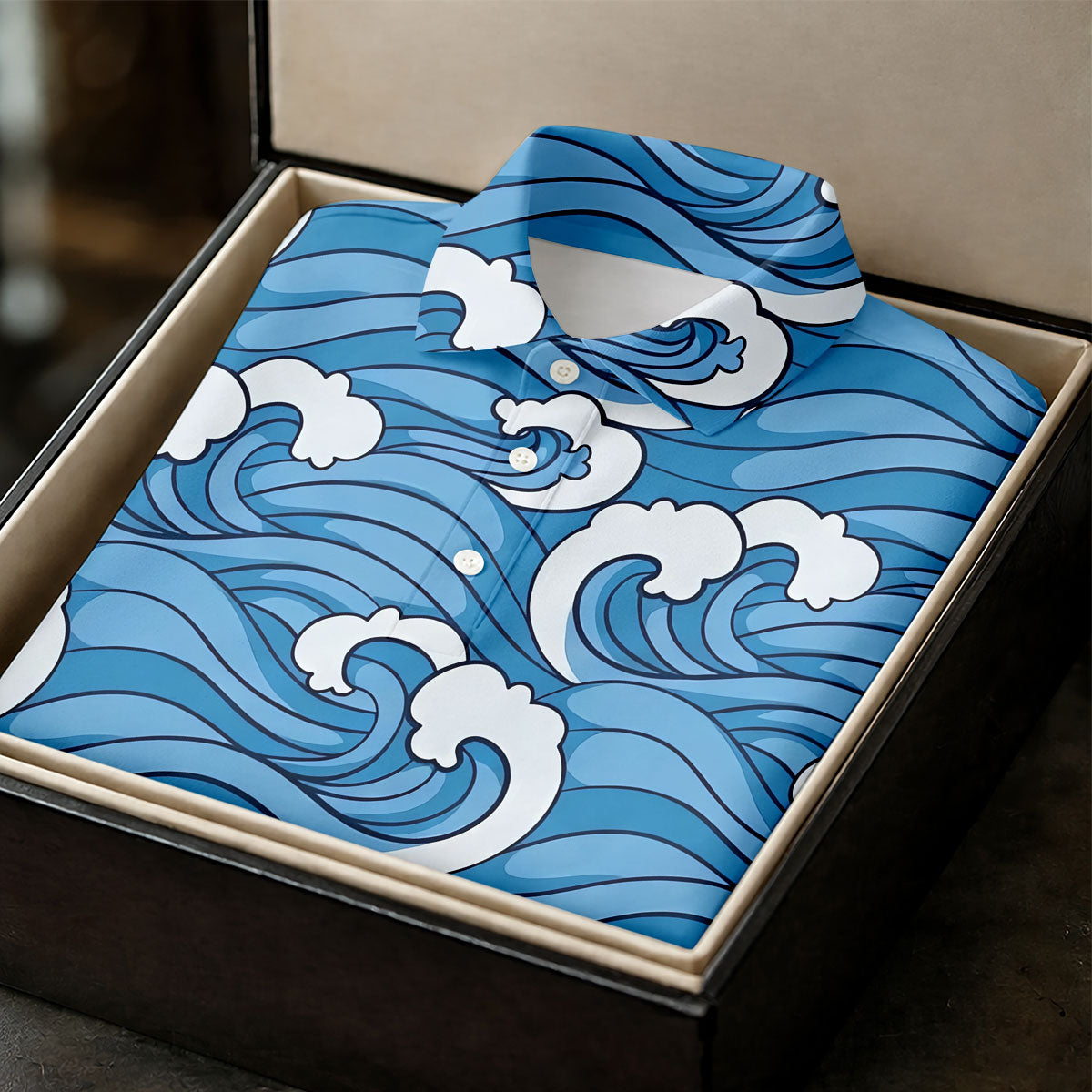 Japanese Wave Golf Shirt, Ocean Wave Pattern Men's Golf Polo, Polo Shirts For Men