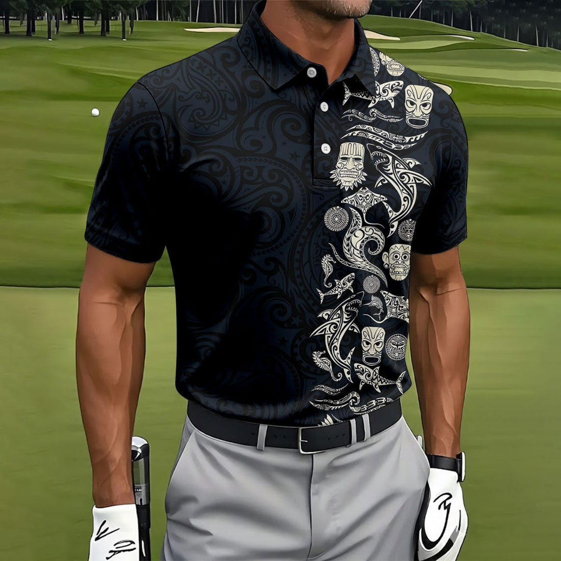 Tribal Sharks And Maori Ocean Tattoo Pattern Hawaiian Golf Polo, Golf Tops For Men, Golfing Apparel