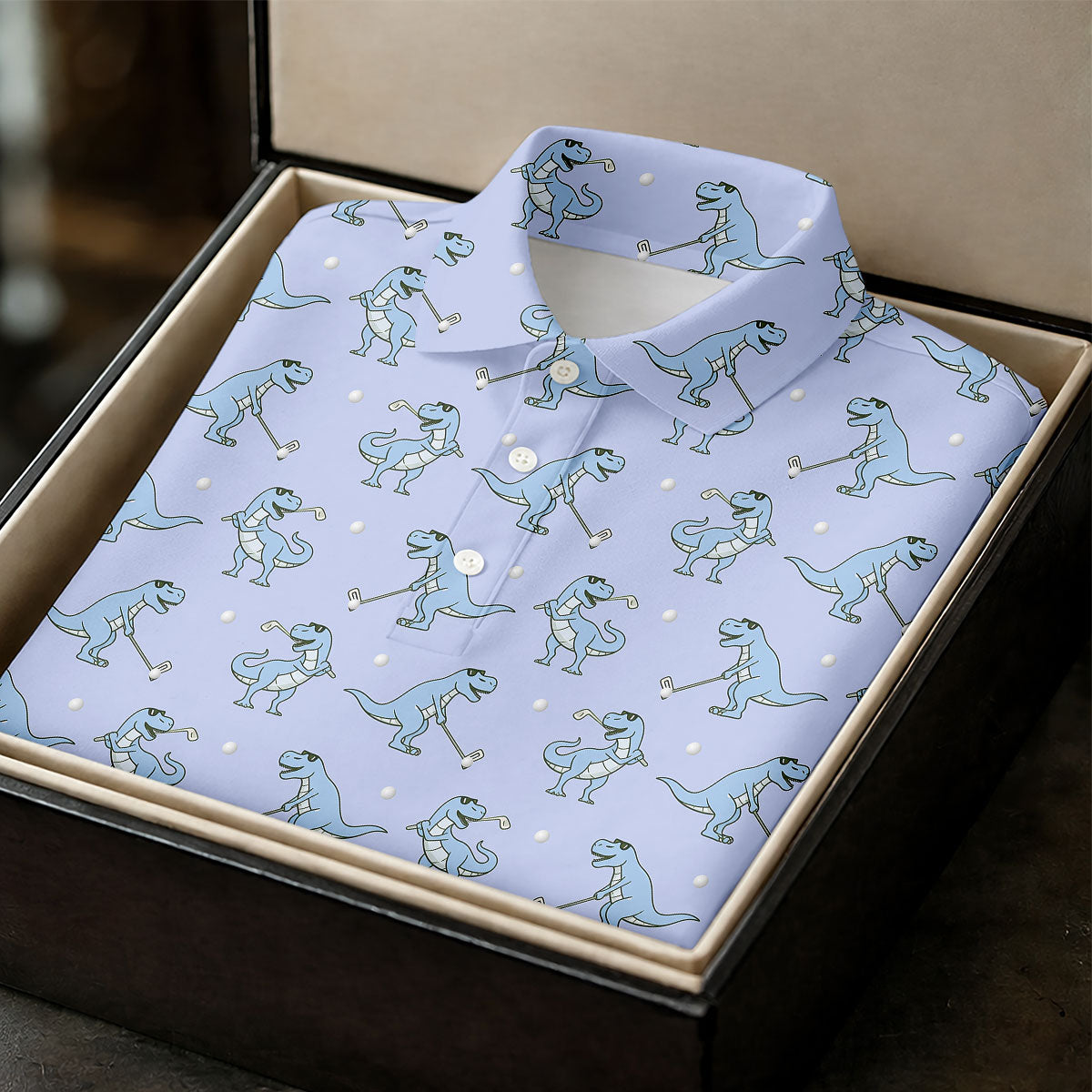 Blue T-Rex Dinosaur Golfer Pattern Golf Polo Shirt, Womens Golf Tops, Printed Golf Shirt