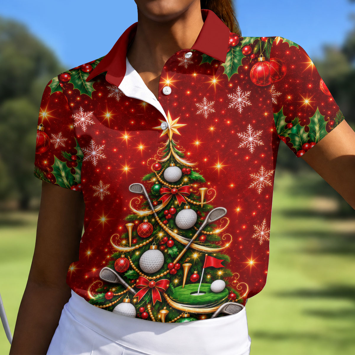 Golf Ball And Club Tree Christmas Golf Shirt, Ladies Golf Shirts, Golf Tops For Women