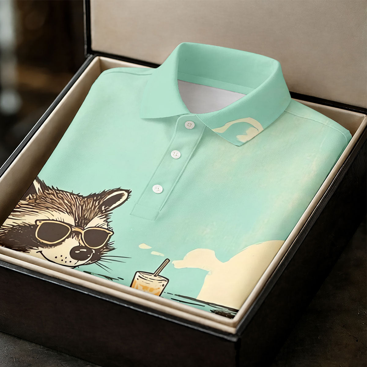 Raccoon Tropical Beach Escape Hawaiian Golf Shirt, Women's Golf Tops, Ladies Golf Shirts