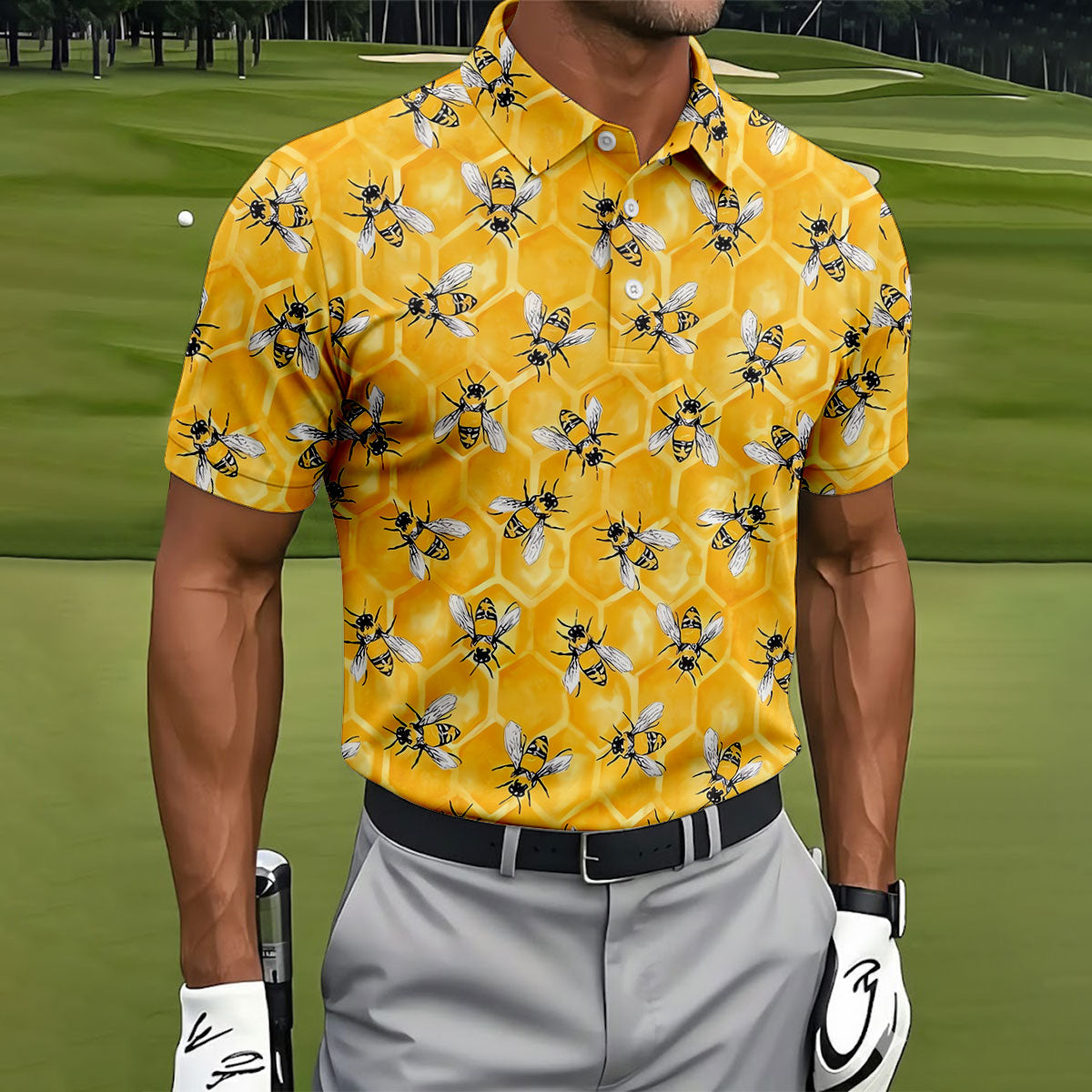 Realistic Flying Bees on Golden Honeycomb Hawaiian Golf Polo, Golf Tops For Men, Golfing Apparel