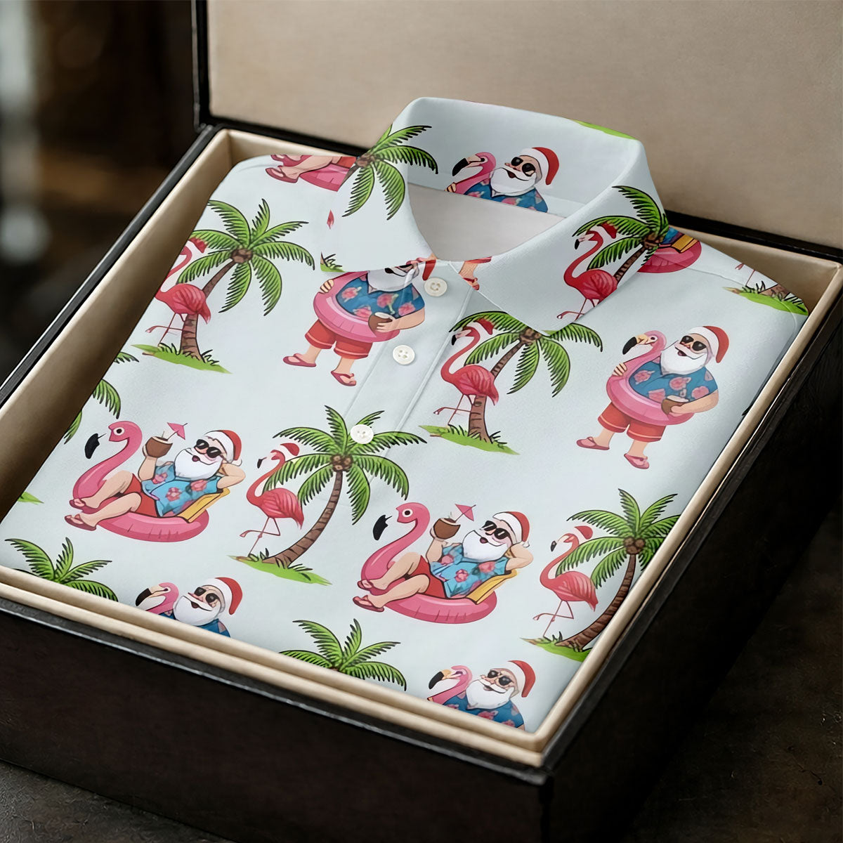 Tropical Santa Flamingo Beach Golf Polo, Christmas Golf Shirt, Golf Apparel For Men