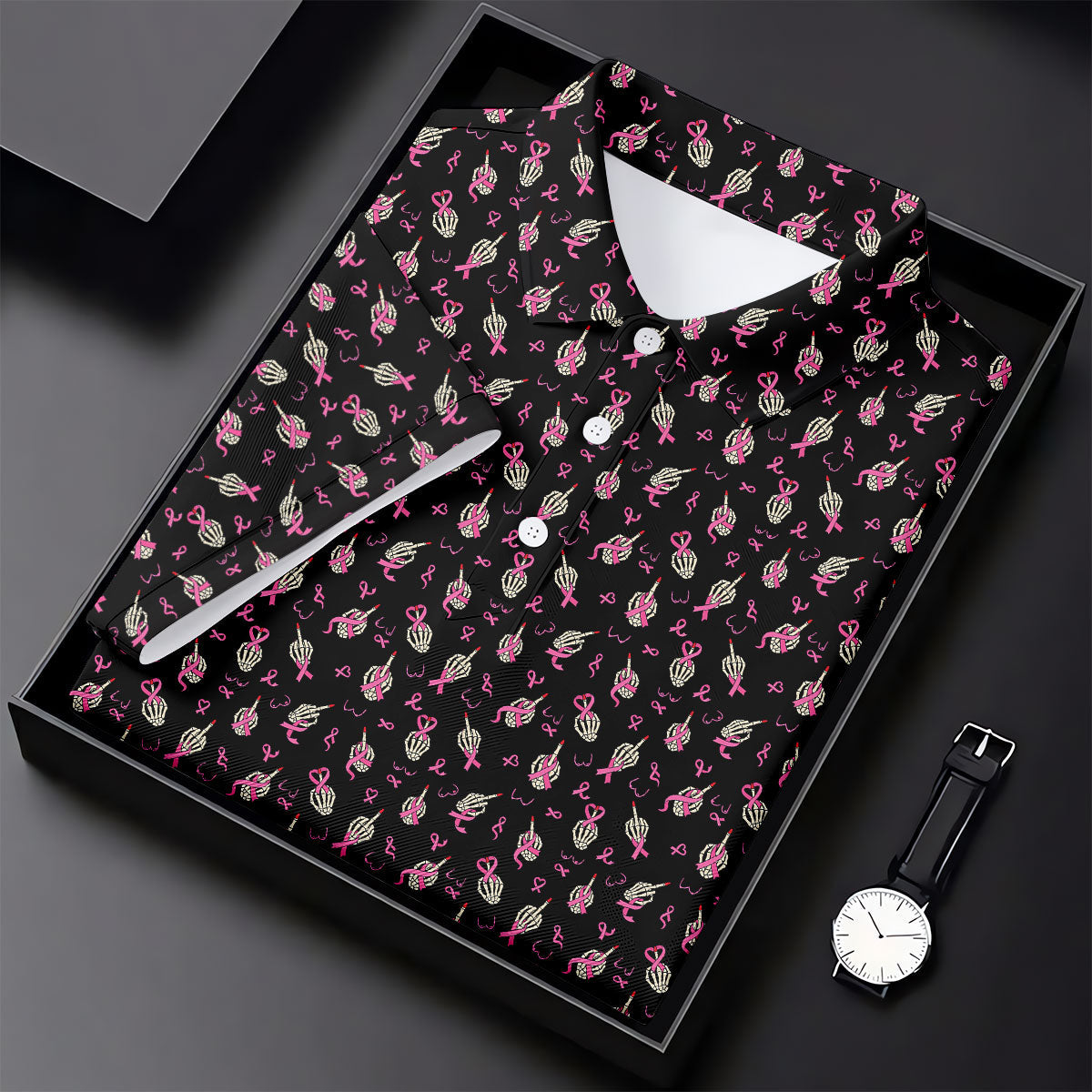 Skeleton Middle Finger Breast Cancer Polo Shirt, Women’s Golf Apparel, Ladies Golf Top