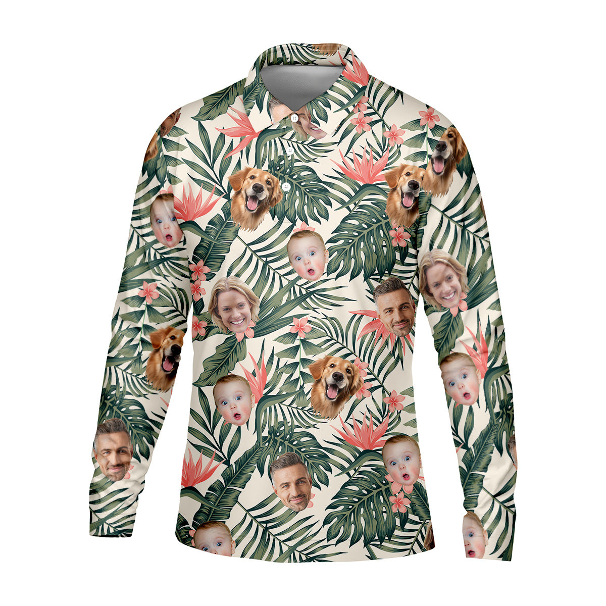 Tropical Floral Pattern Custom Hawaiian Shirts With Face, Men Polo Shirt, Long Sleeve Golf Shirts
