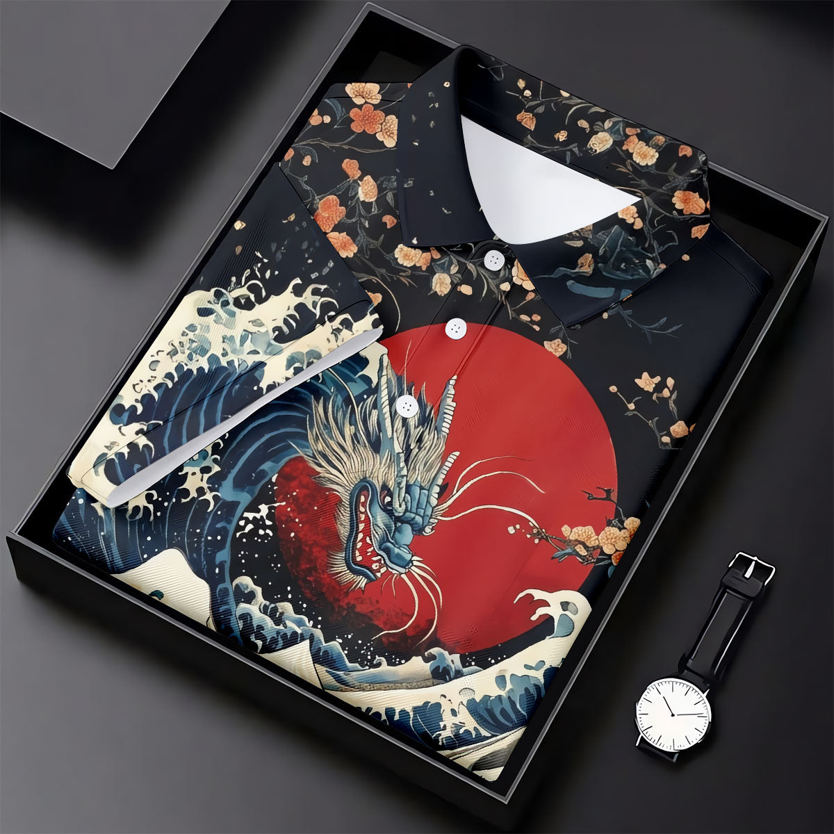 Japanese Dragon Koi Wave Hawaiian Golf Shirt, Mens Golf Apparel, Golf Polo Shirts For Men