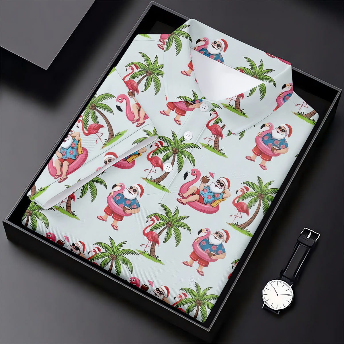 Tropical Santa Flamingo Beach Golf Polo, Christmas Golf Shirt, Golf Apparel For Men