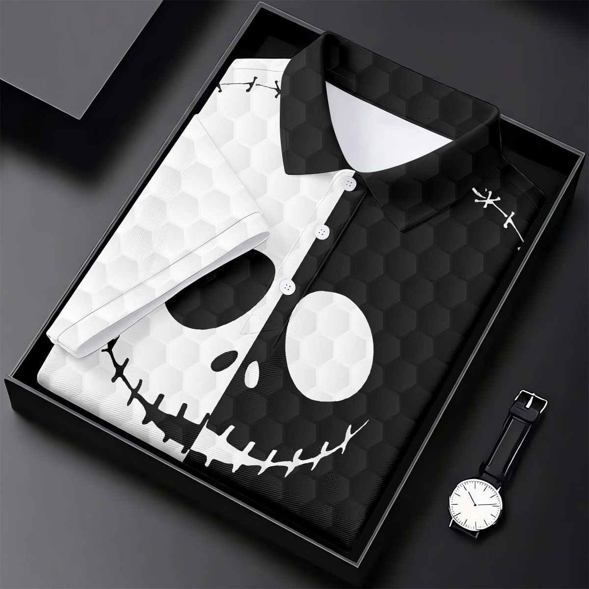 Black White Skull Face Halloween Golf Polo Shirt, Mens Golf Shirts, Golf Polo Shirts For Men